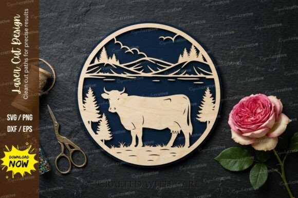 Cow Mountain Scene Laser Cut Svg Cutting